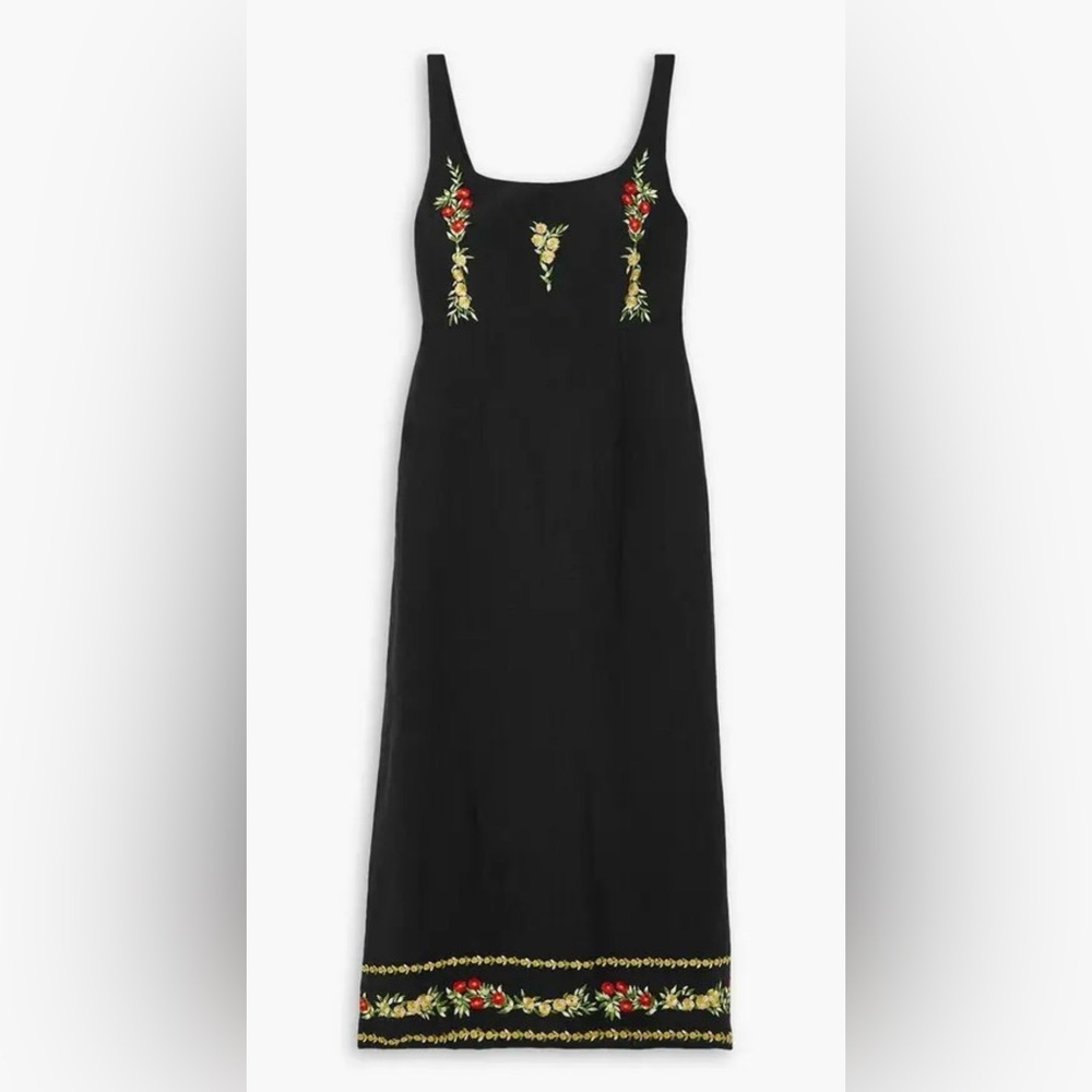 Rixo Benedict Black Linen Blend Floral Embroidery Dress Size Small